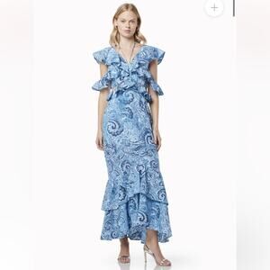 elliatt snow printed blue maxi ruffle strappy detail cut out linen maxi dress